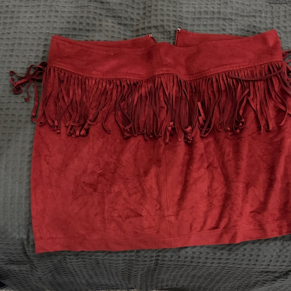 Express Burgundy Fringed Mini Skirt
